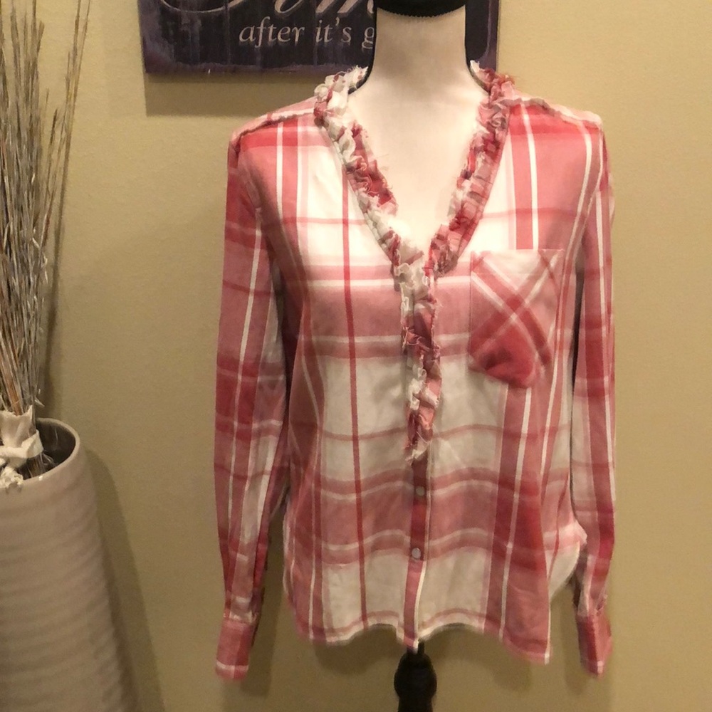 Free People Always Forever Ruffle Red Pink Plaid Flannel Top Small - Picture 4 of 12